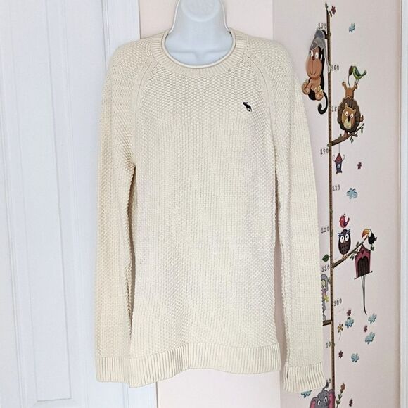 Abercrombie & fitch textured knit beige long crew neck sweater Medium B3 - Picture 7 of 10
